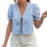  MQTIME  -  Women's Gingham Crop Top Puff Sleeve V-Neck Tie Front Blouse Summer Shirt With Elastic Cuffs