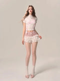 MQTIME  -  Pink Pearl Ruffles Shorts Skirts Women Kawaii A-line Shorts with Lace Ballet Cutecore Summer Sweet Girl Elastic Bottoms