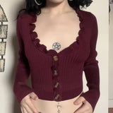 MQTIME  -  Autumn and Winter Textured Ruffle Collar Button Up Cardigan Top European and American Retro Style  Fit Cropped T-shirt for Women