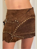 MQTIME  -  Fashion Lrregular lotus Leaf Hem Suede Miniskirt A-line Metal Button Decoration skirt 2025 New Lady Autumn Winter Y2k Clothing