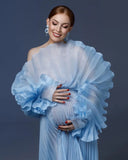 MQTIME  -  Elegant Blue Pleated Maternity Dresses for Photoshoot Puff Sleeves Sheer Organza Maternity Gown Photography Babyshower Dress