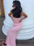 MQTIME  -  Knitted Sexy Backless Low Chest Women Maxi Dress Pink Spaghetti Strap High Waist Dress Summer Slim Vacation Beachwear