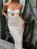 MQTIME  -  Sexy Strapless Bandeau Dress Hollow Out Crochet Knitted Tunic Beach Cover Up Cover-ups Beach Dress Beachwear Women DV5321B