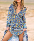MQTIME  -  Boho Dress Long-sleeved Blue Printing Maxi Dress V Neck Loose Fit Holiday Vestidos Hippie Mujer Robe Chic Beach Dress