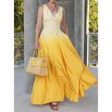MQTIME  -  Summer New Fashion V-neck Women's Sleeveless Waist Dress Simple Gradient Color Female Vacation Date Long Dresses