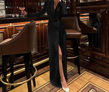 MQTIME  -  Spring and Autumn New Party Dress Skirt Women's High-end V-neck Long Sleeve Temperament High-waisted Slit French Dress