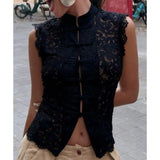 MQTIME  -  Women's Elegant Sheer Floral Lace Sleeveless Shirt Top With Mandarin Collar Traditional Chinese Button Closure Blouse