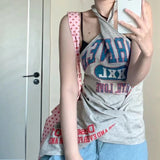 MQTIME  -  American Summer Fashion Cross Halter Sleeveless Tank Tops Y2k Aesthetic Letter Print Lrregular Design Grunge Shirts Harajuku Tee