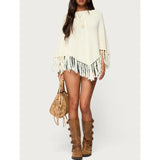 MQTIME  -  Women's Tassel Poncho Sweaters Y2K Knitted Pullover Shawl Cover Ups Lightweight Fringe Wrap Cardigan Knitwear Cape