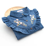 MQTIME  -  Kids Girl Denim Blouses Spring Autumn Long Sleeve Turn Down Collar Embroidered Flowers Girls Shirt 4-12Years