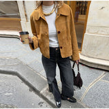 MQTIME  -  Casual Suede Brown Short Jacket Women Retro Solid Loose Single-breasted Full Sleeve Female Coat Chic High Street Lady Outerwears