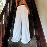  MQTIME  -  Women's White Loose Wide Leg Pants Drawstring Elastic Waist Tie - Ankle Cuffs Flowy Summer Beach Pants Casual Lounge Sheer Pants