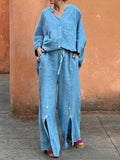 MQTIME  -  Women's Blue Flowy Wide Leg Pants Drawstring Elastic Waist Split-front Wide Leg Trousers Summer Casual Bottoms