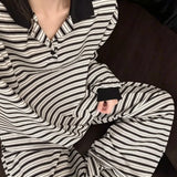 MQTIME  -   Contrast Stripe Pajama Set Women Autumn Lapel Collar Long Sleeve 2Pcs Wearable Outside Home Loungewear Casual Nightwear Ladies