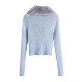 MQTIME  -  Ladies Autumn and Winter Fashion Faux Fur Collar Knitted Blue Short Cardigan Ladies Chic Lace Sweater Women Solid Color Sweater