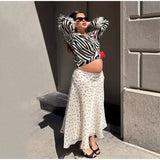 MQTIME  -  Fashion Minimal Zebra Print Leisure Blouse Classic V Neck Fluffy White Feather Cuffs Top Women Autumn City Casual Walk Blouse