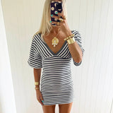 MQTIME  -  Y2k Retro Grey White Stripe V Neck Ruched Mini Dress Stripe Print Loose Puff Short Sleeve Dresses Female City Casual Stroll Robe