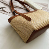  MQTIME  -  Women's Khaki Straw Weave Leather Patchwork Tote Bag Vacation Casual Aesthetic Beach Daily Shoulder Handbag Summer Trend