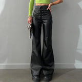 MQTIME  -  Solid Color Slim Flare Leather Pants For Women 2025 Fashion Vintage Elegant Women's High Waist Pants Female Streetwear Trousers