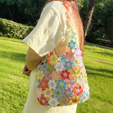  MQTIME  -  Colorful Flower Crochet Tote Bag, Handmade Knitted Shoulder Bag, Lightweight Summer Beach Travel Handbag For Women Vacation