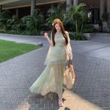 MQTIME  -  Green Tie-dye Mesh Suspender Dress Women's Summer High-end Seaside Vacation Slim-fitting Hip-wrapped Dress