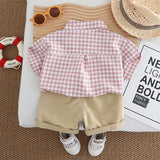 MQTIME  -  Summer Toddler Girl Outfits Set Korean Kids Clothes Fashion Plaid Cotton Short Sleeve Tops+Shorts Baby Boutique Clothing B069