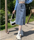 MQTIME  -  Spring/Summer 2024 Small stature side slit denim skirt for women with high waist, medium length, pear shaped figure