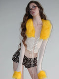  MQTIME  -  Furry Patchwork 2 Piece Set Women Hipster Mesh Shirring Full Sleeve Crop Tops+Bike Shorts Skinny Trend Street Clubwear