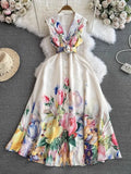 MQTIME  -  Summer New Holiday Beach Dress Women Notched Collar Sleeveless Single Breasted Floral Print Belt Long Boho Female Party Vestido