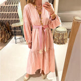 MQTIME  -  Casual Ladies V-Neck Long Dress Fashion Solid Color Puff Sleeve Loose Summer A-line Long Sleeve Beach Sundress