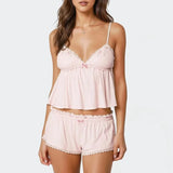 MQTIME  -  Summer Women Pajamas Sets Lace Trim Camisole+Shorts Two Pieces Suits Solid Color Sleepwear Casual Home Clothes Sexy Nightgown
