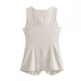 MQTIME  -  Casual Linen Suit Waistcoat Slim Fit Striped Single Breasted Cardigan Vest for Woman Summer Lady Commuting Wear Woman Clothing