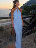 MQTIME  -  Sexy Blue Halter Dress Women Fashion Hollowed-out Sleeveless Backless Bodycon Maxi Dresses Summer Lady Party Club Robes