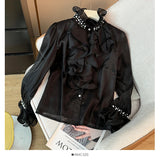 MQTIME  -  Solid Patchwork Appliques Casual Blouse For Women O Neck Long Sleeve Spliced Button Temperament Shirts Female New