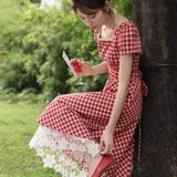 MQTIME  -  Red Gingham Checkered Dress With Lace Hem For Spring Summer Garden Outfits Women's Casual Floral Style Elegant Fit And Flare Mid