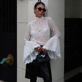 MQTIME  -  French Elegant Sexy Lace See-Through Blouse Ribbon Women's Fashion Ruffled Long Sleeve Top Luxury Party Female Chic Solid Top