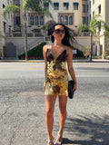  MQTIME  -  Fashion Printed Lace Trim Sling Dress Women Sexy V Neck Sleeveless High Waist Slim Mini Dresses Summer Lady Vacation Robe