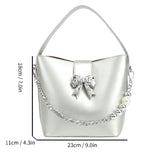 MQTIME  -  Spring/Summer 2024 new, solid color PU women's shoulder bag, silver bow decoration, fashion trend