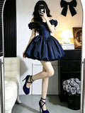 MQTIME  -  Elegant Princess Navy Blue Off Shoulder Puff Sleeve Corset Bow Bubble Hem Mini Dress Women For Banquet 18th Birthday Prom Party