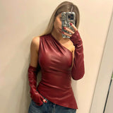 MQTIME  - Women Y2K PU Leather Asymmetrical T-shirts with Sleeves Gloves Fashion Sexy One Shoulder Sleeveless Slim Tops Clubwear Tees