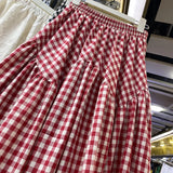 MQTIME  -  Elastic high waisted red and white checkered skirt with irregular splicing, large swing A-line skirt, medium length skirt