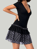 MQTIME  -  Women Dot Print Summer Dress Slim Deep V Neck Short Sleeve A-line Mini Layered Ruffle Dresses