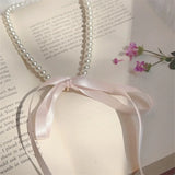 Mqtime Kpop Goth Lolita Y2K Romantic Pearl Beaded Choker Fashion Pink Black Adjustable Bow Necklace Banquet Wedding Jewelry Accessories