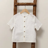  MQTIME  -  Boys Cotton And Linen Short-Sleeved White Shirt Summer New Children's Casual Loose Single-Breasted Linen Shirts Kids Tops TZ437