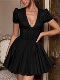 MQTIME  -  Summer New French V-neck Women Short Sleeved Dress Elegant Charm Female Evening Dresses