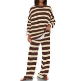 MQTIME  -  Women's Striped Suit Autmn Casual Long Sleeved Sweater Pullovers + Wide Leg Pants with Pockets Home Pajamas 2 Piece Sleepwear