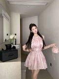 MQTIME  -  Pink Tie Dye Dresses Heavy Industry Diamond Encrusted Neck Dress Women Summer Sleeveless Temperament Short Vestido