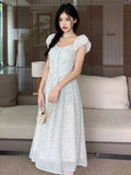 MQTIME  - French Women Short Sleeve Dress Floral Print Elegant Female Party Slim Waist Robe Summer Vintage Square Neck Holiday Clothes