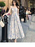 MQTIME  -  Elegant Princess Fairy Strap Print Dress for Women Summer Vintage Pearl Beading Sweet Midi Dresses Female Beach Evening Clothes