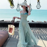 MQTIME  -  Elegant temperament Blue Ruffle Flower Strap Dress for Women 2025 New Seaside Vacation Style Beautiful Long Dress